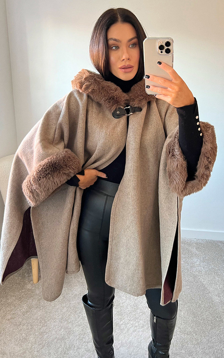 Riley Faux Fur Cape Coat With Fastening Detail in Mocha ikrush