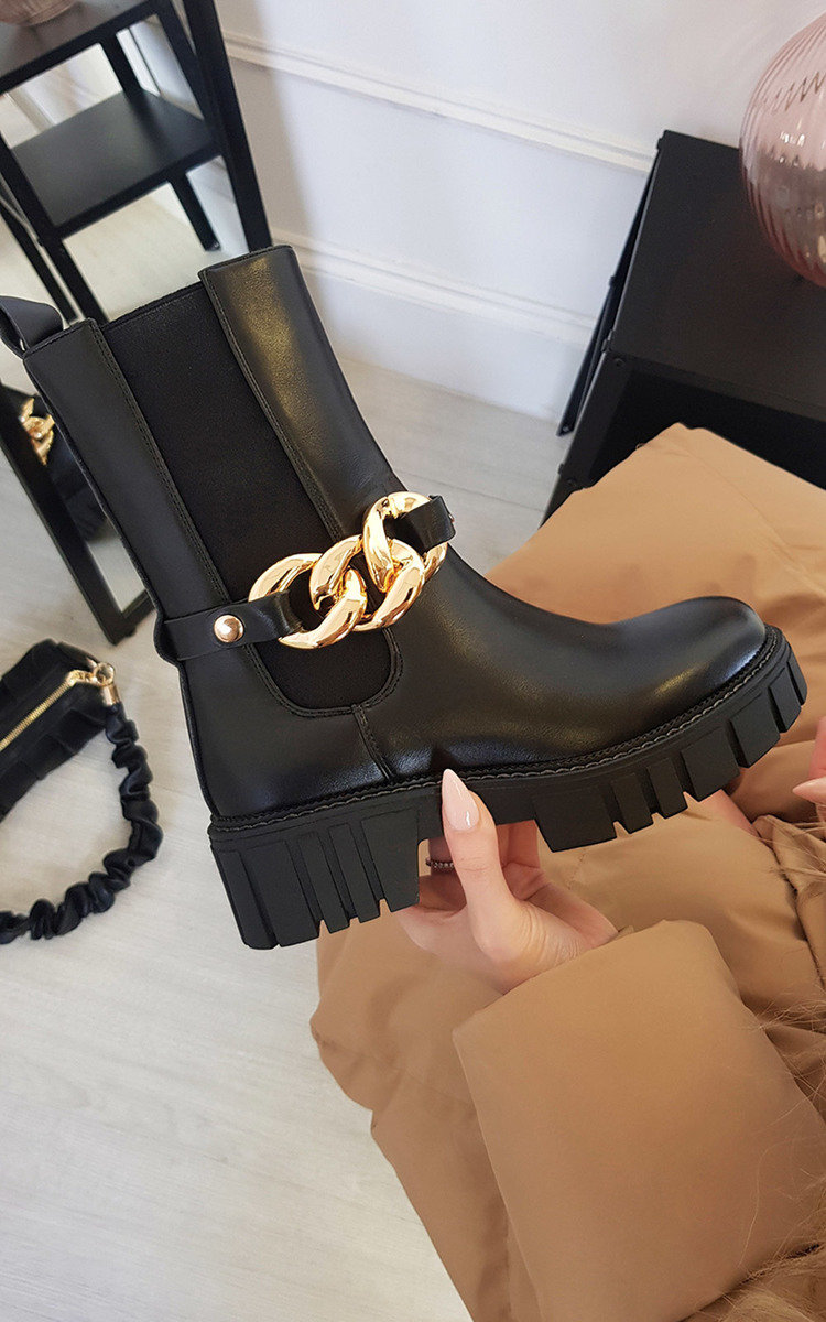 Robyn Faux Leather Ankle Boots with Chain Detail Thumbnail Robyn Faux Leather Ankle Boots with Chain Detail Thumbnail
