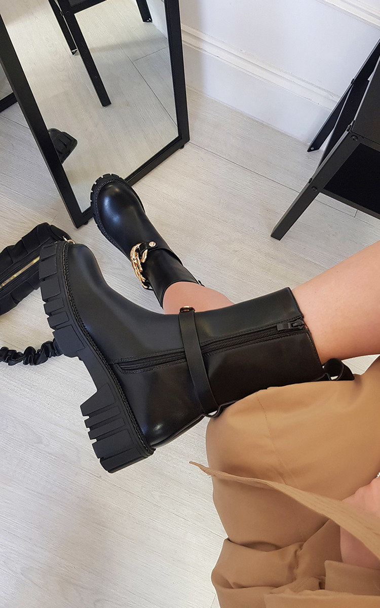 Robyn Faux Leather Ankle Boots with Chain Detail Thumbnail