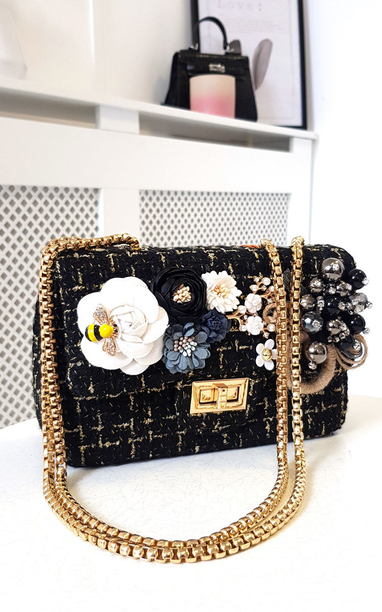 Rosie Flower Embellished Tweed Shoulder Bag Thumbnail Rosie Flower Embellished Tweed Shoulder Bag Thumbnail