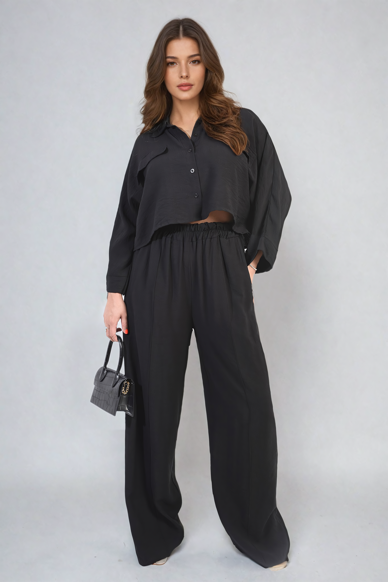 Black Rosie Oversized Long Sleeve Crop Top and Wide Leg Trouser Co
