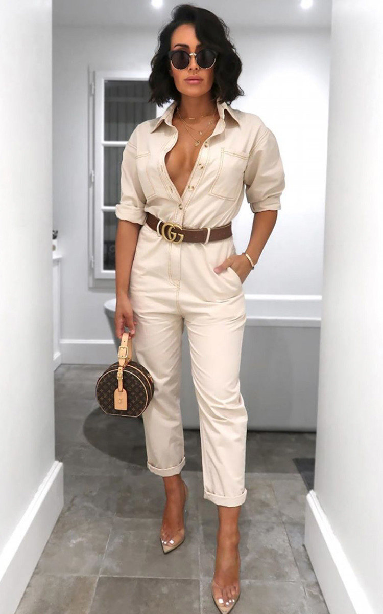 Sage Tie Waist Button Up Utility Jumpsuit Thumbnail