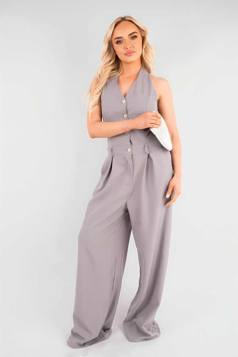 Grey Sally V-Neck Sleeveless Button Front Detail Jumpsuit ikrush