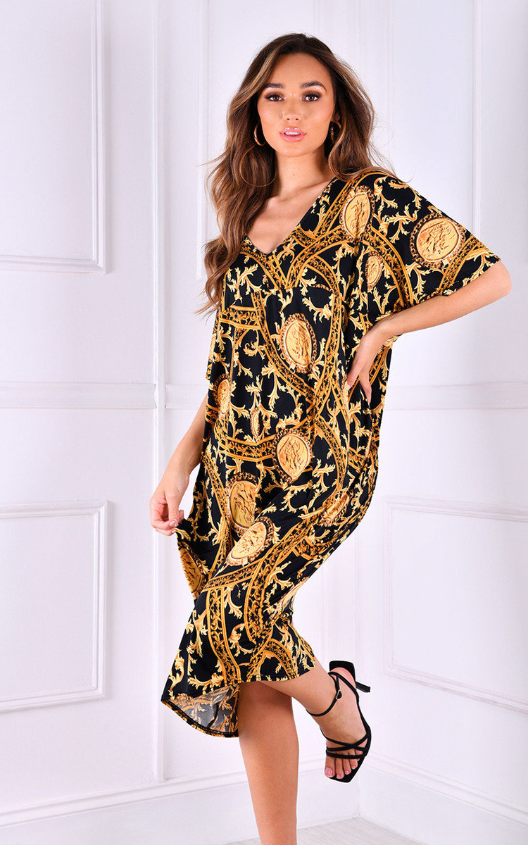 Sara Printed Oversized V Neck Midi Dress Thumbnail