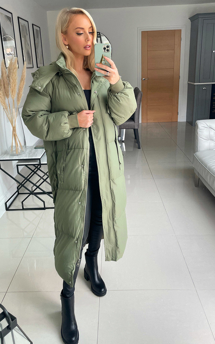 Scarlett Longline Puffer Coat with Pocket Detail in Khaki | ikrush