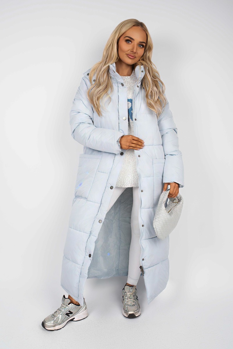 Grey Seraya Longline Padded Hooded Puffer Coat with Snap Button
