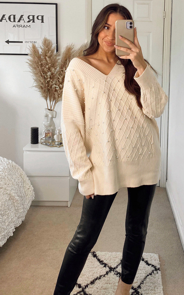 Shannon Oversized Knitted Jumper with Pearl Detail Thumbnail Shannon Oversized Knitted Jumper with Pearl Detail Thumbnail
