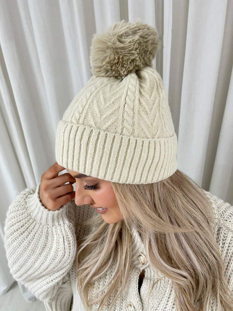 Beige Sheryl Chunky Knit Fur Pom Beanie Hat ikrush