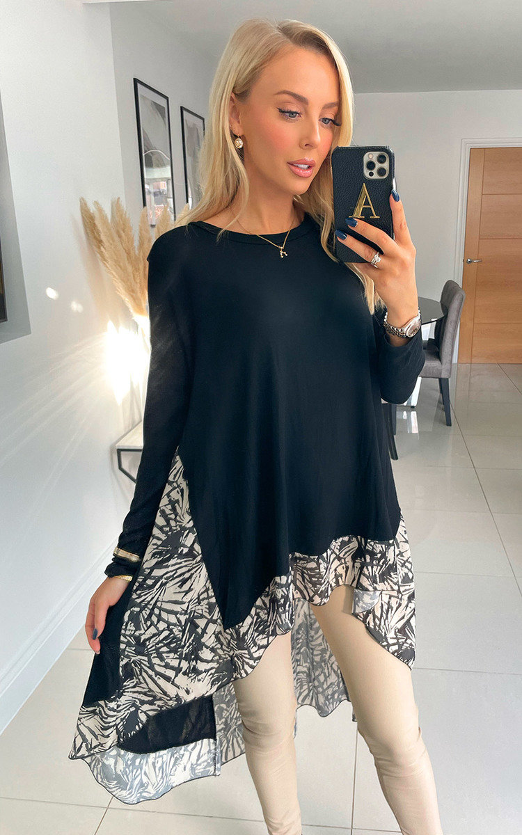 Siobhan Drop Hem Jumper with Print Detail Siobhan Drop Hem Jumper with Print Detail