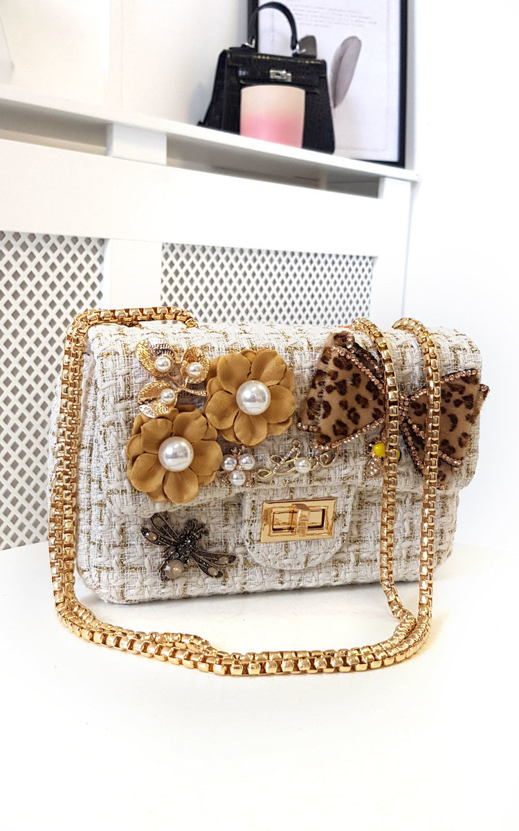 Sofie Flower & Bow Embellished Tweed Shoulder Bag Thumbnail Sofie Flower & Bow Embellished Tweed Shoulder Bag Thumbnail
