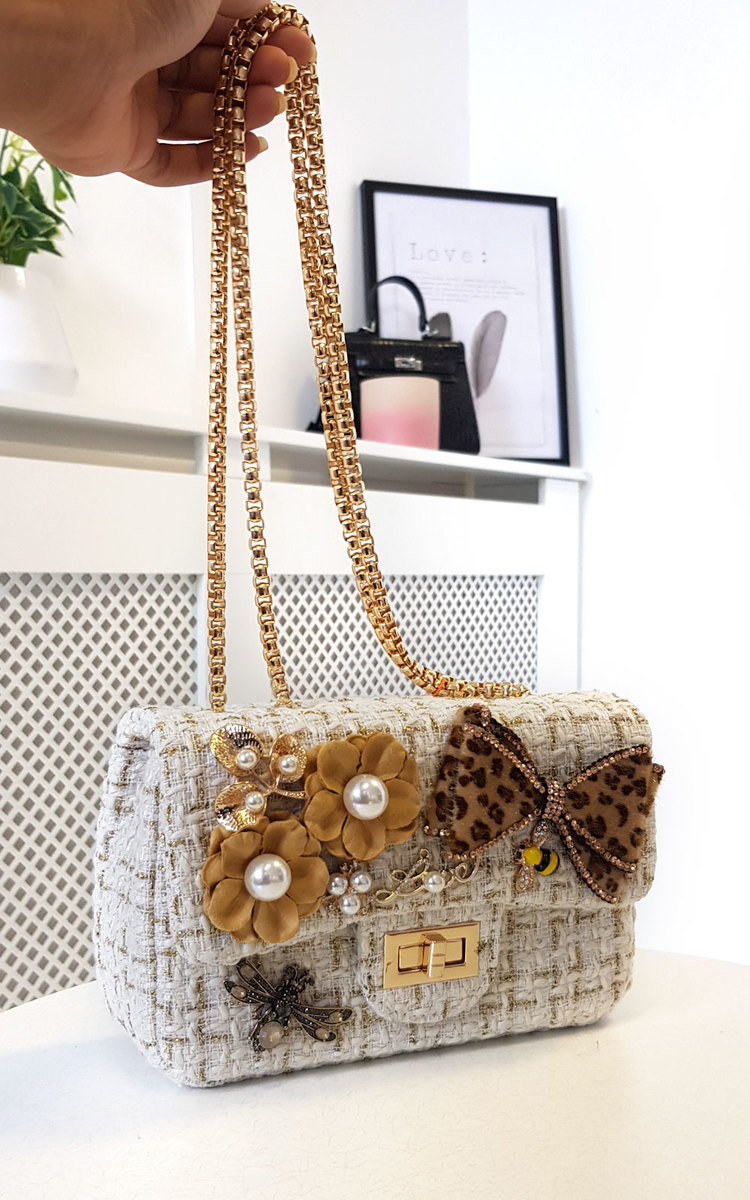 Sofie Flower & Bow Embellished Tweed Shoulder Bag Sofie Flower & Bow Embellished Tweed Shoulder Bag