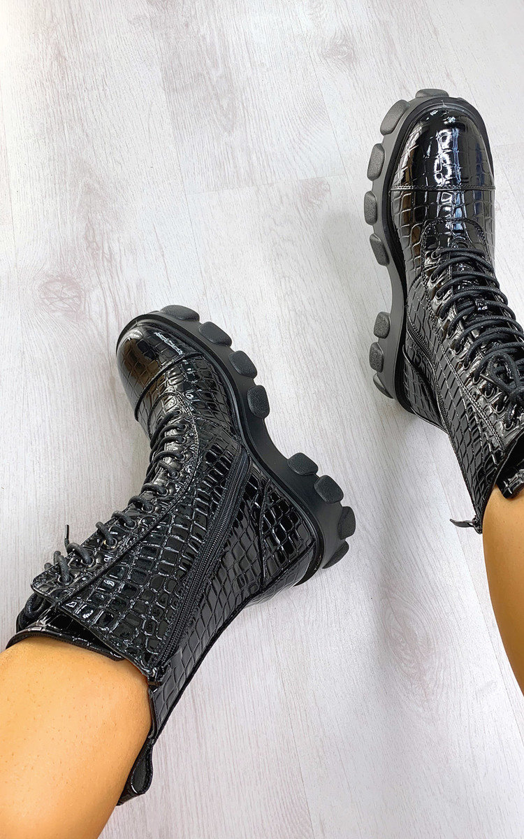 Steffi Mega Chunky Lace Up Croc Print Boots Thumbnail