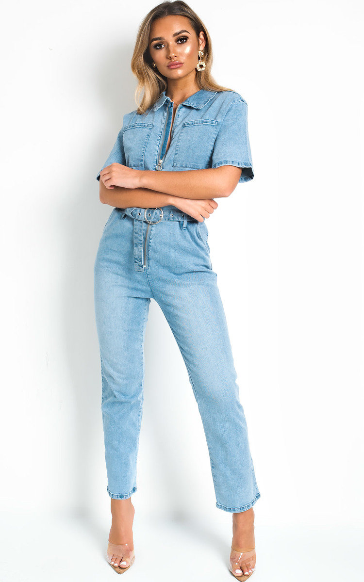 denim zip up jumpsuit