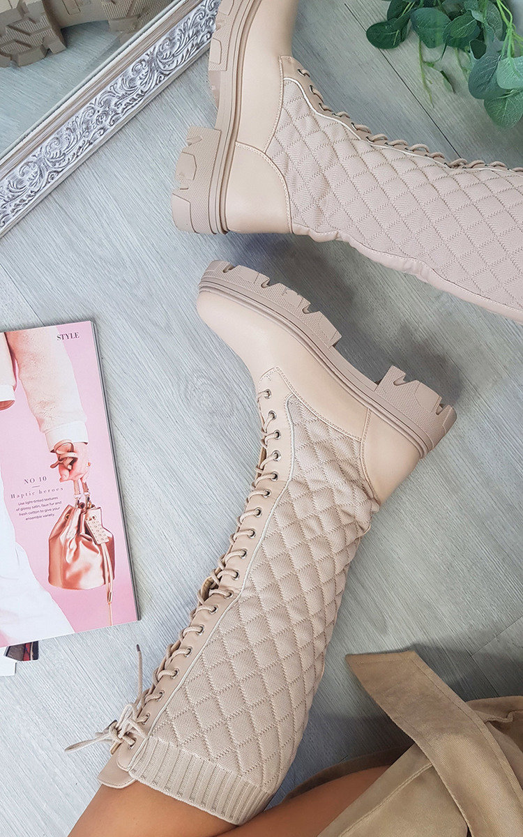 Tabitha Lace Up Quilted Knee High Boots in Beige ikrush