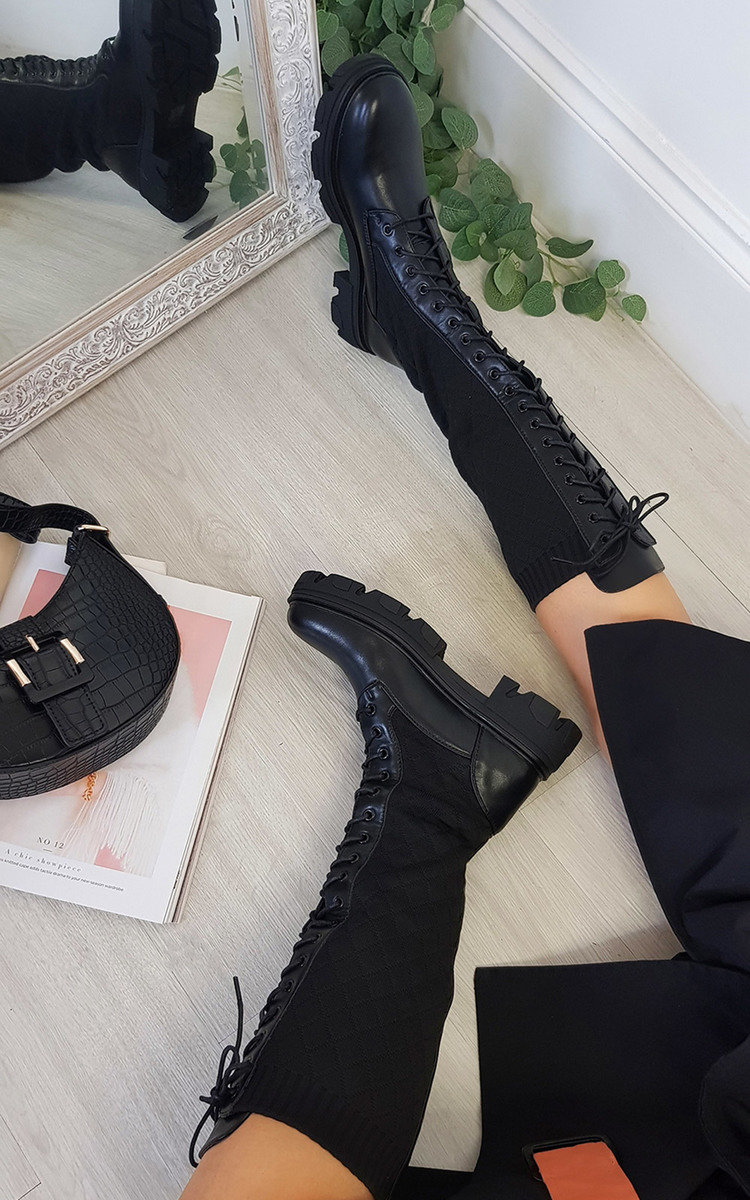 Tabitha Lace Up Quilted Knee High Boots Thumbnail Tabitha Lace Up Quilted Knee High Boots Thumbnail
