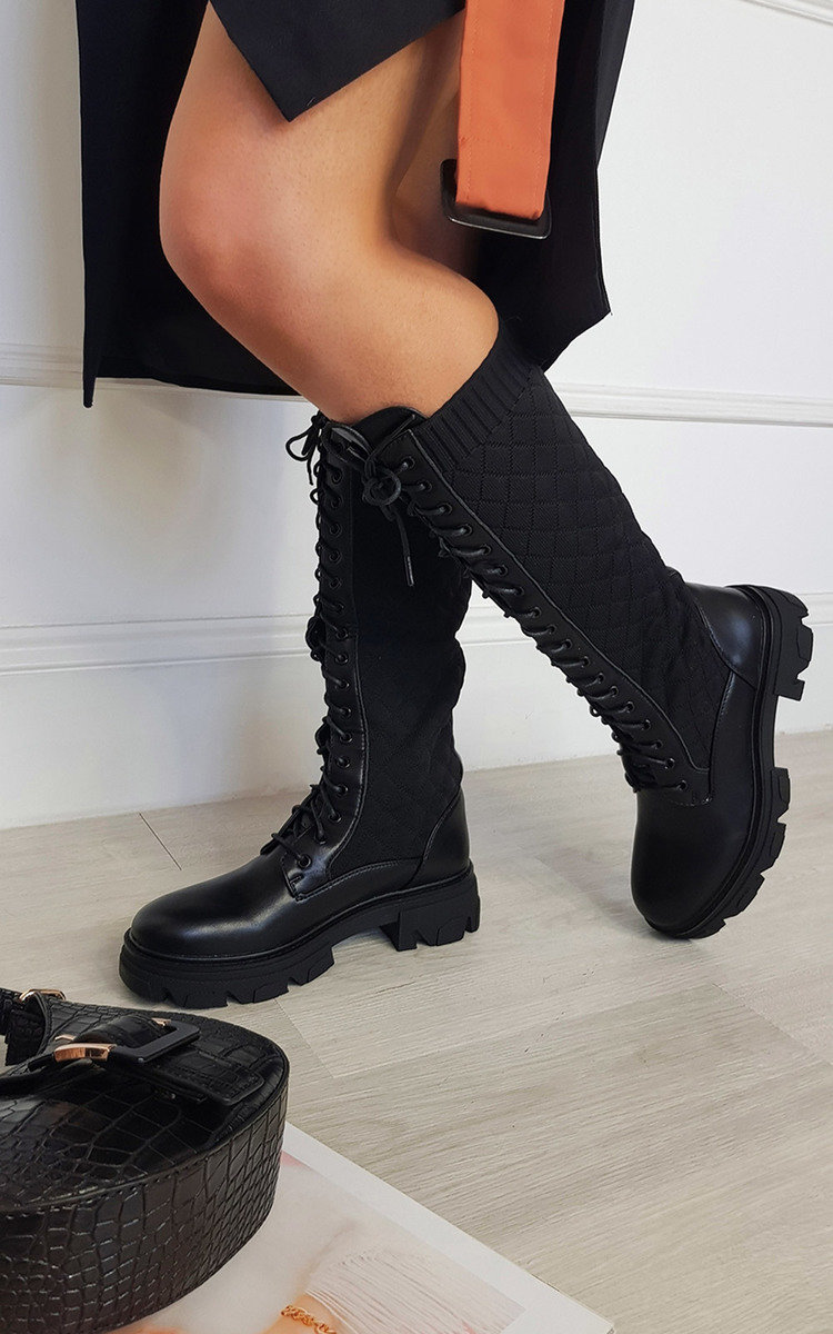 Tabitha Lace Up Quilted Knee High Boots Thumbnail