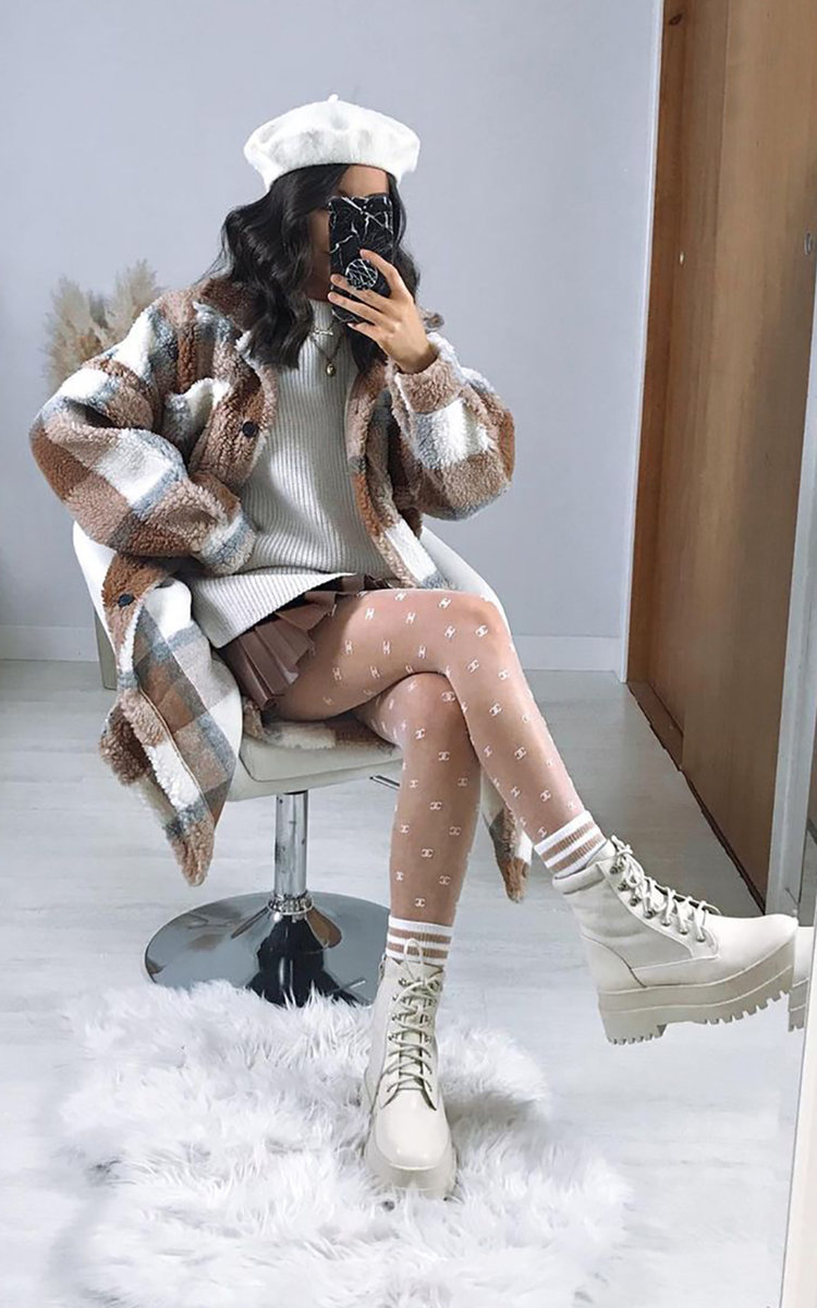 Tess Longline Check Teddy Coat Tess Longline Check Teddy Coat
