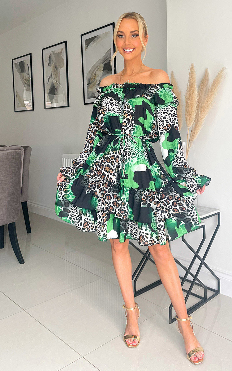 Thalia Off Shoulder Animal Print Mini Dress