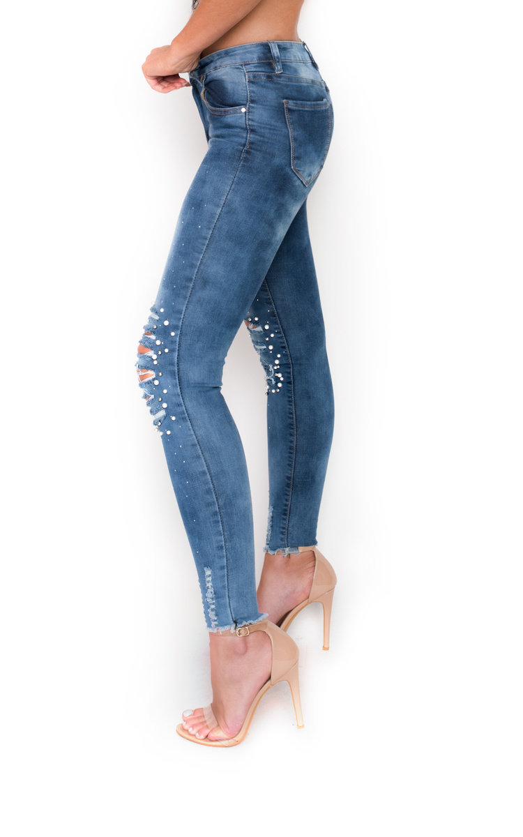 Tiana Beaded Embellished Ripped Jeans in Denim | ikrush