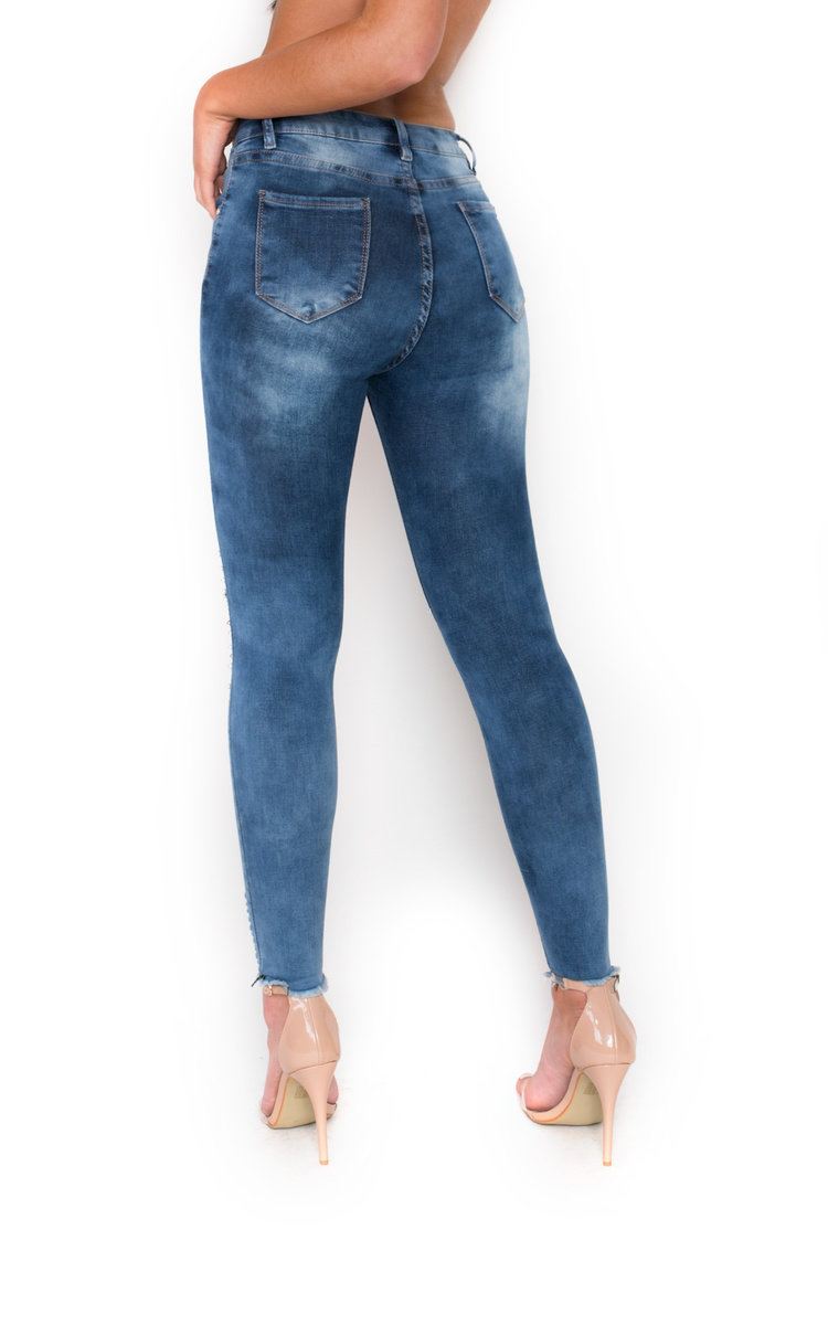 Tiana Beaded Embellished Ripped Jeans in Denim | ikrush