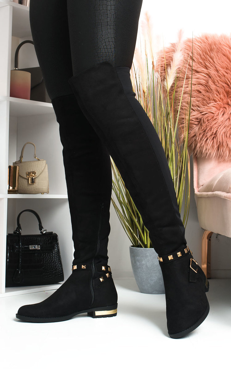 Una Faux Suede Studded Knee High Boots in Black s ikrush