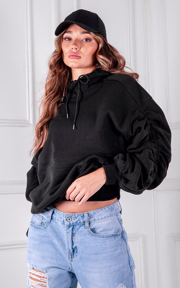 Valerie Ruched Sleeve Hooded Sweatshirt Thumbnail Valerie Ruched Sleeve Hooded Sweatshirt Thumbnail