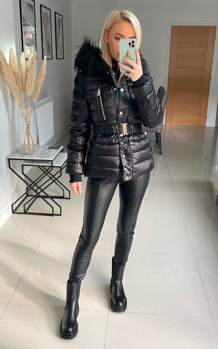 Vanessa Hooded Puffer Jacket with Belt Detail Thumbnail Vanessa Hooded Puffer Jacket with Belt Detail Thumbnail