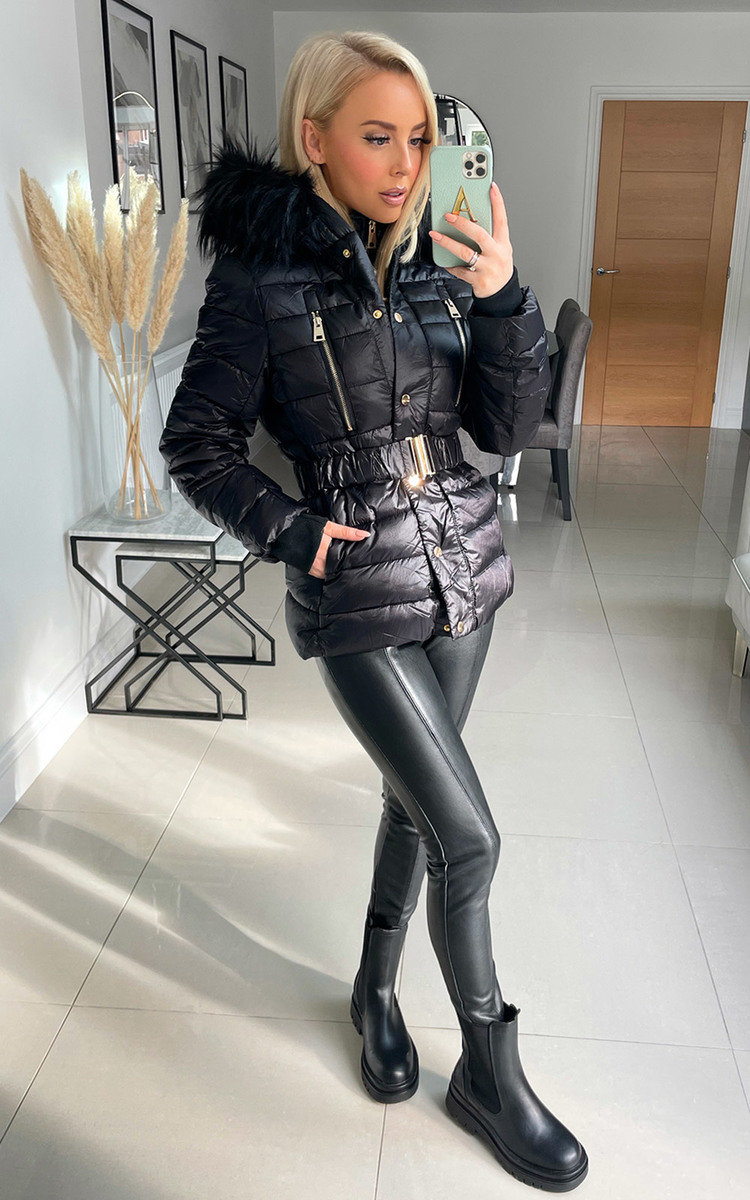 Vanessa Hooded Puffer Jacket with Belt Detail Thumbnail Vanessa Hooded Puffer Jacket with Belt Detail Thumbnail