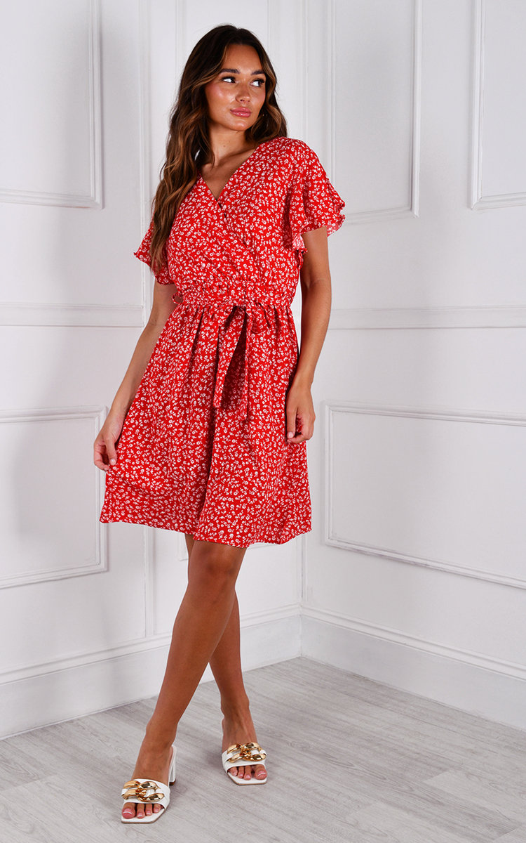 Vanessa Tie Waist Ruffle Sleeve V Neck Printed Mini Dress Thumbnail Vanessa Tie Waist Ruffle Sleeve V Neck Printed Mini Dress Thumbnail