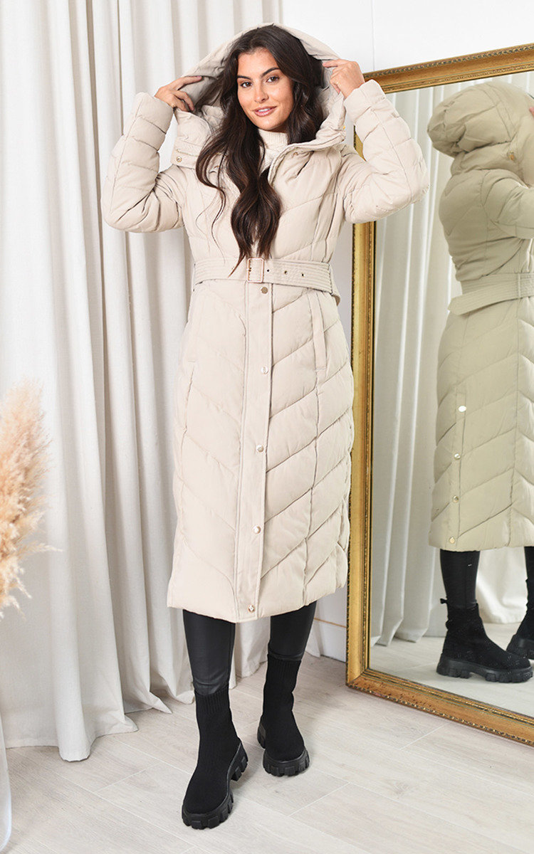 Vienna Longline Hooded Puffer Coat with Belt Detail Thumbnail Vienna Longline Hooded Puffer Coat with Belt Detail Thumbnail