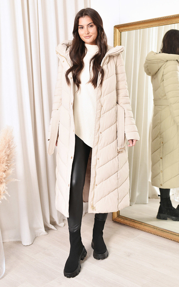 Vienna Longline Hooded Puffer Coat with Belt Detail Thumbnail Vienna Longline Hooded Puffer Coat with Belt Detail Thumbnail