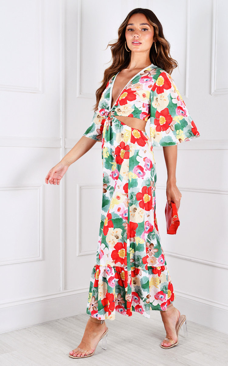 Vilma Cut Out Flute Sleeve V Neck Printed Maxi Dress Thumbnail