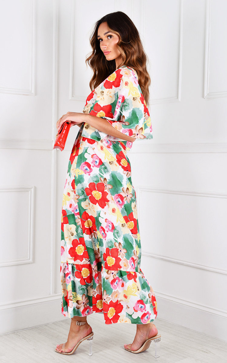 Vilma Cut Out Flute Sleeve V Neck Printed Maxi Dress Thumbnail