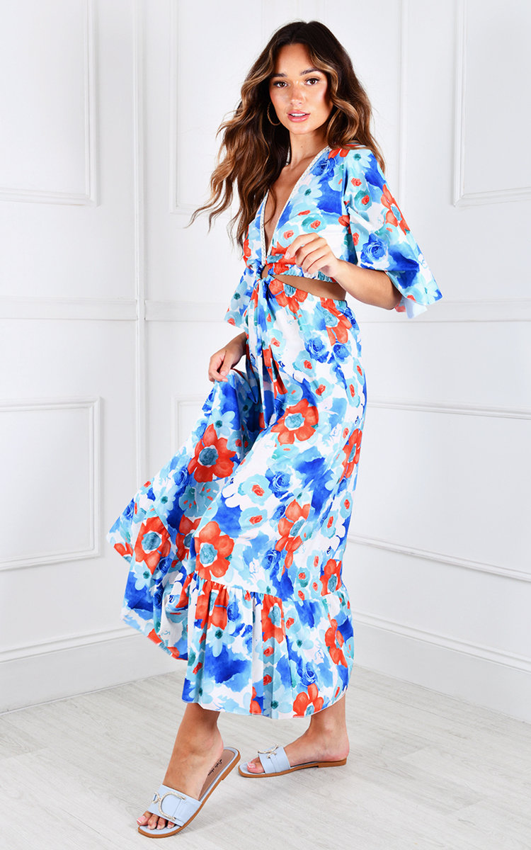 Vilma Cut Out Flute Sleeve V Neck Printed Maxi Dress Thumbnail