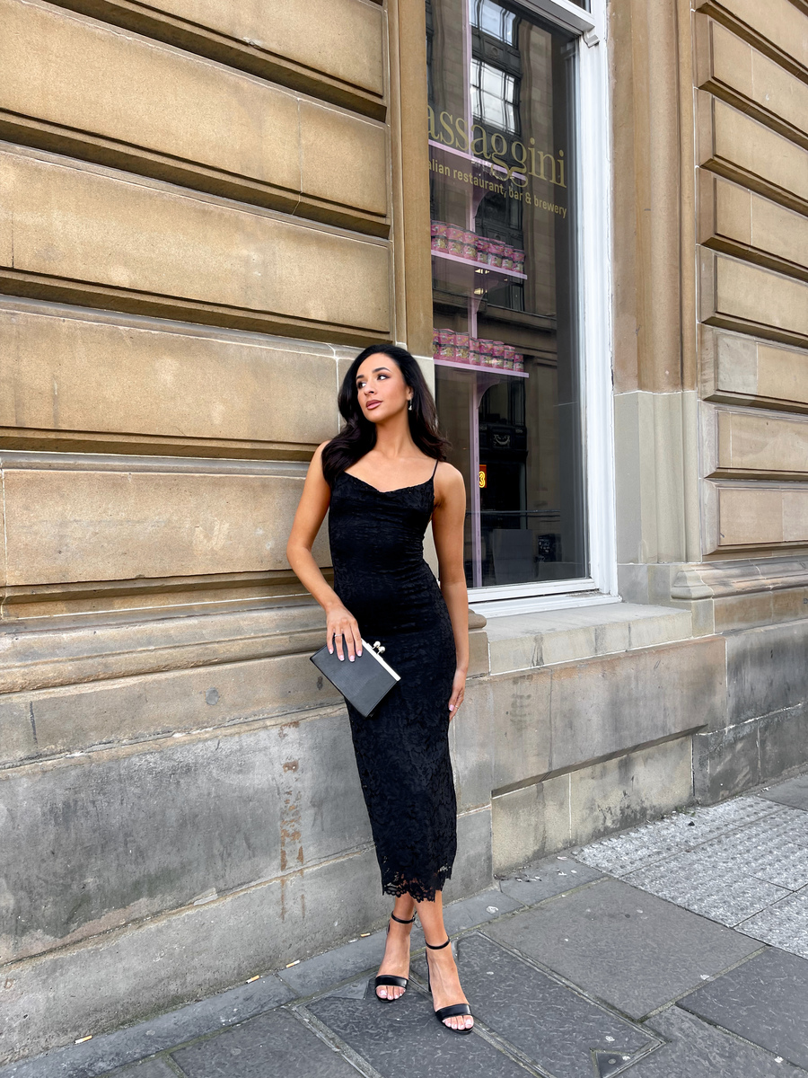 Prettylittlething Black Strappy Tie Waist Fishtail Midi Dress