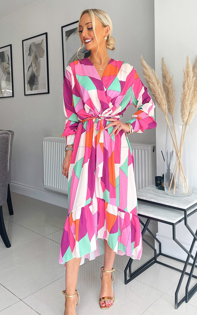 Vivien Wrap Front Midi Dress  with Abstract Print Thumbnail