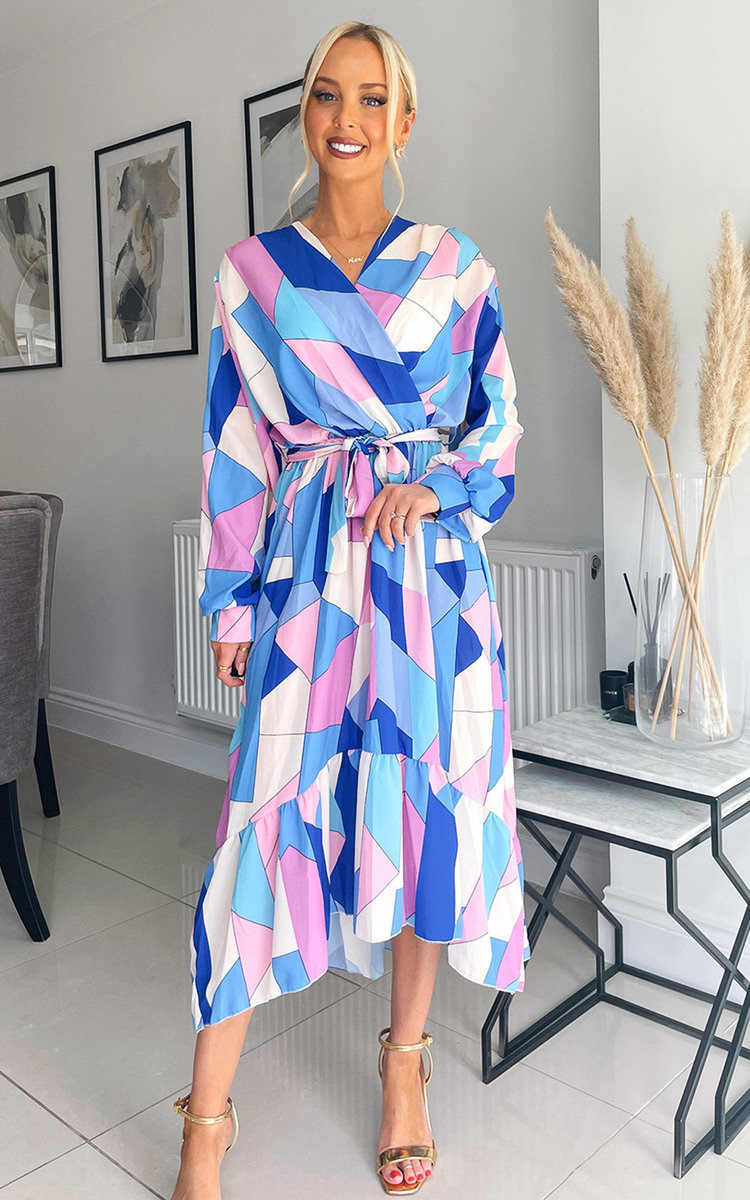 Vivien Wrap Front Midi Dress  with Abstract Print