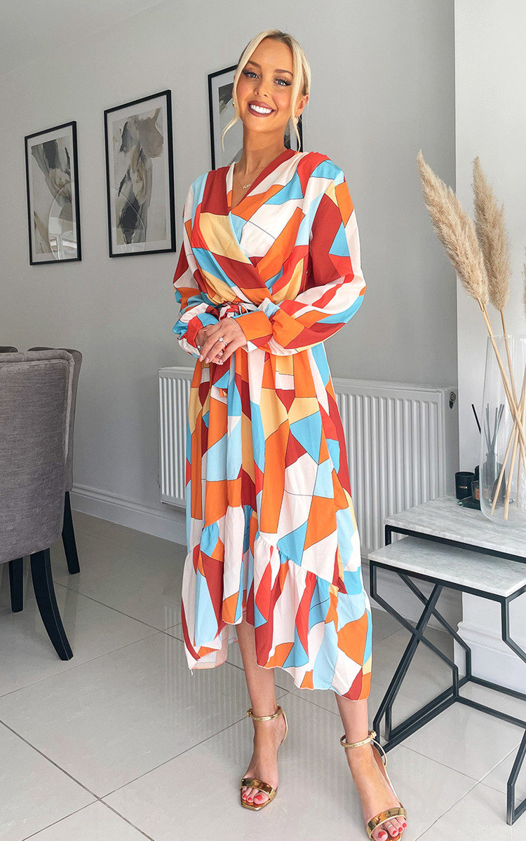 Vivien Wrap Front Midi Dress with Abstract Print Thumbnail Vivien Wrap Front Midi Dress with Abstract Print Thumbnail