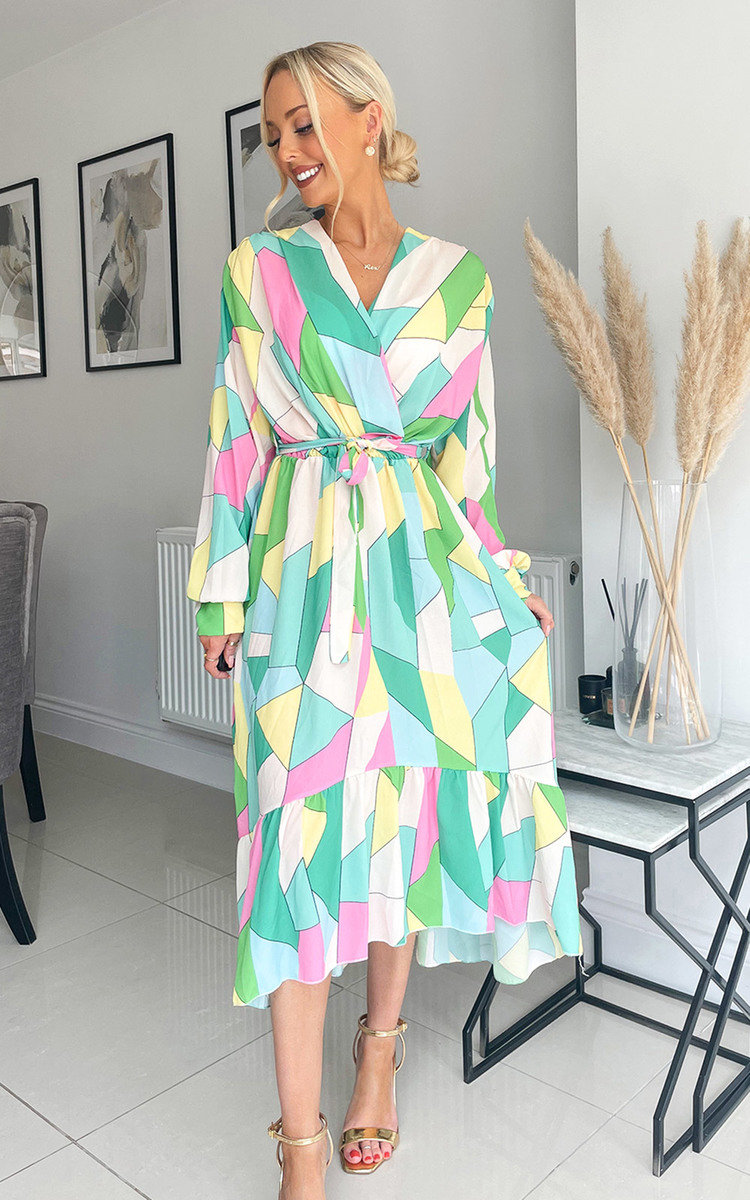 Vivien Wrap Front Midi Dress with Abstract Print Thumbnail Vivien Wrap Front Midi Dress with Abstract Print Thumbnail