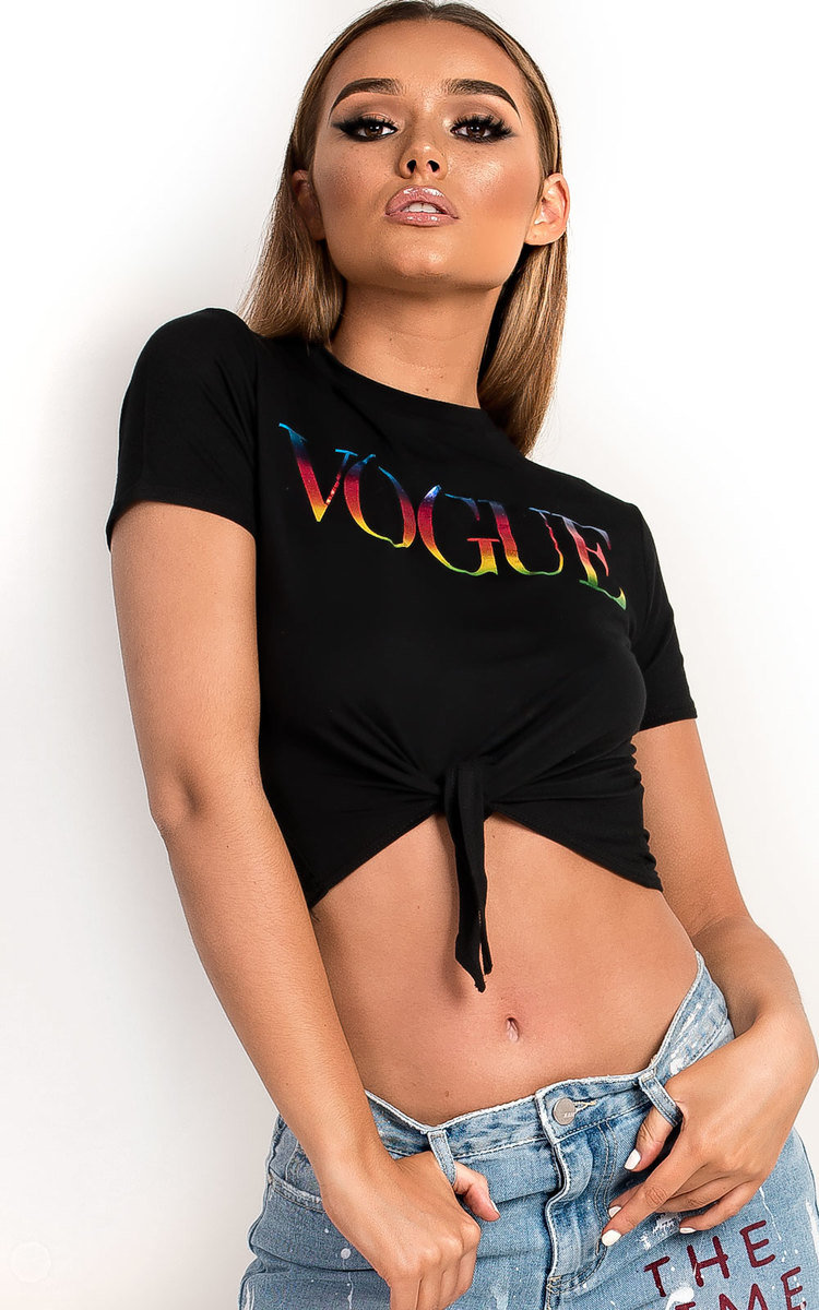 Vogue Metallic Slogan Tie Crop Top Vogue Metallic Slogan Tie Crop Top