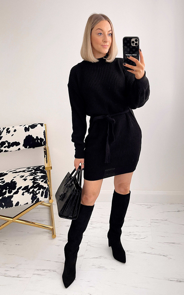 Wendy High Neck Jumper Dress with Tie Front Thumbnail Wendy High Neck Jumper Dress with Tie Front Thumbnail
