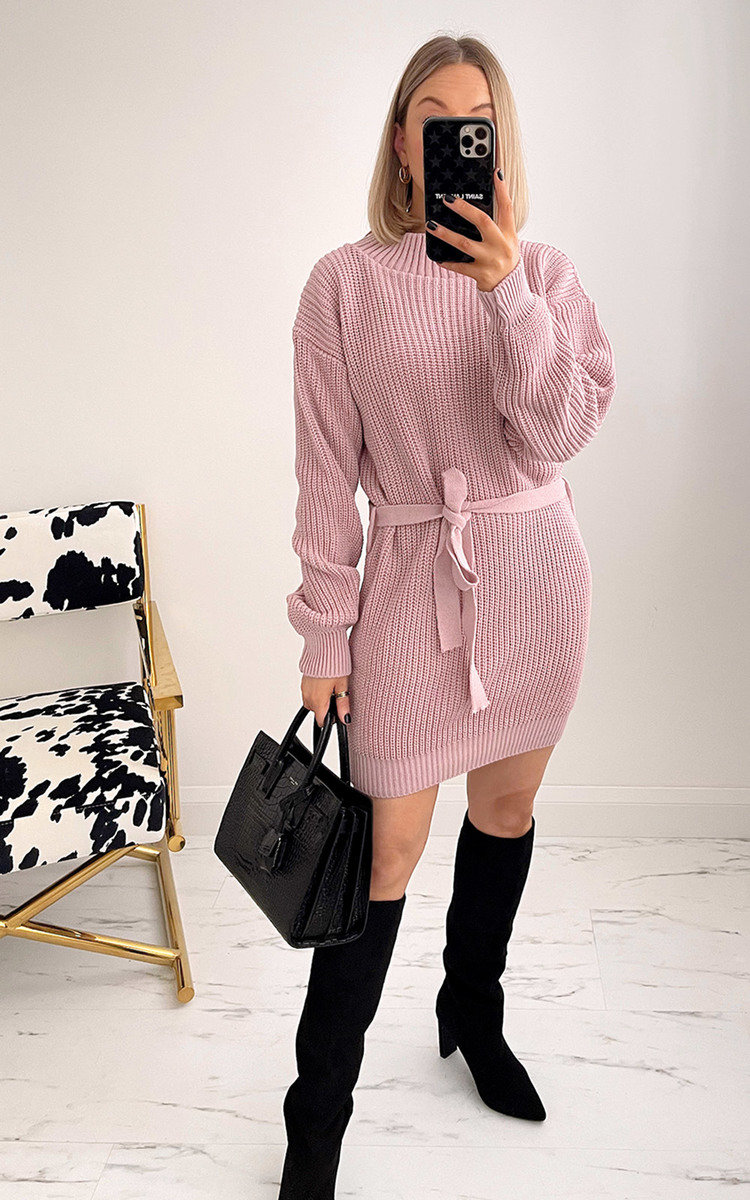 Wendy High Neck Jumper Dress with Tie Front Thumbnail Wendy High Neck Jumper Dress with Tie Front Thumbnail