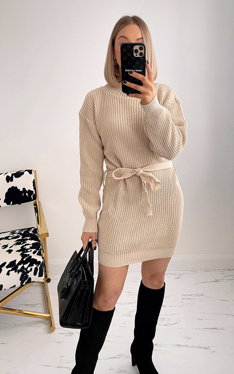 Wendy High Neck Jumper Dress with Tie Front Thumbnail Wendy High Neck Jumper Dress with Tie Front Thumbnail