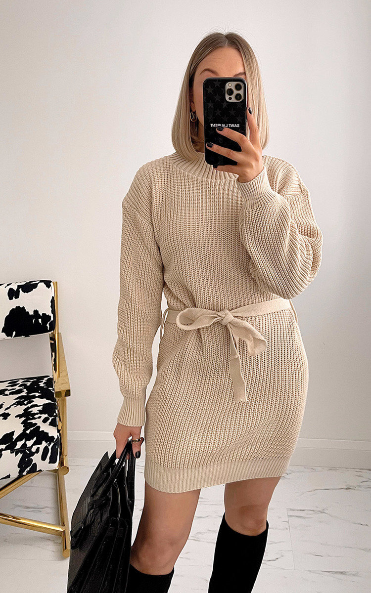 Wendy High Neck Jumper Dress with Tie Front Thumbnail Wendy High Neck Jumper Dress with Tie Front Thumbnail