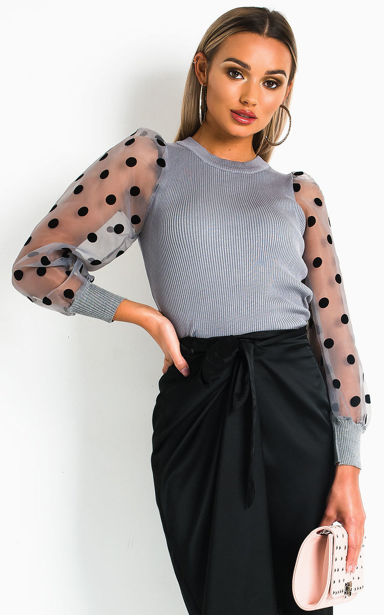 Yarra Polka Dot Sheer Sleeve Jumper in Grey ikrush