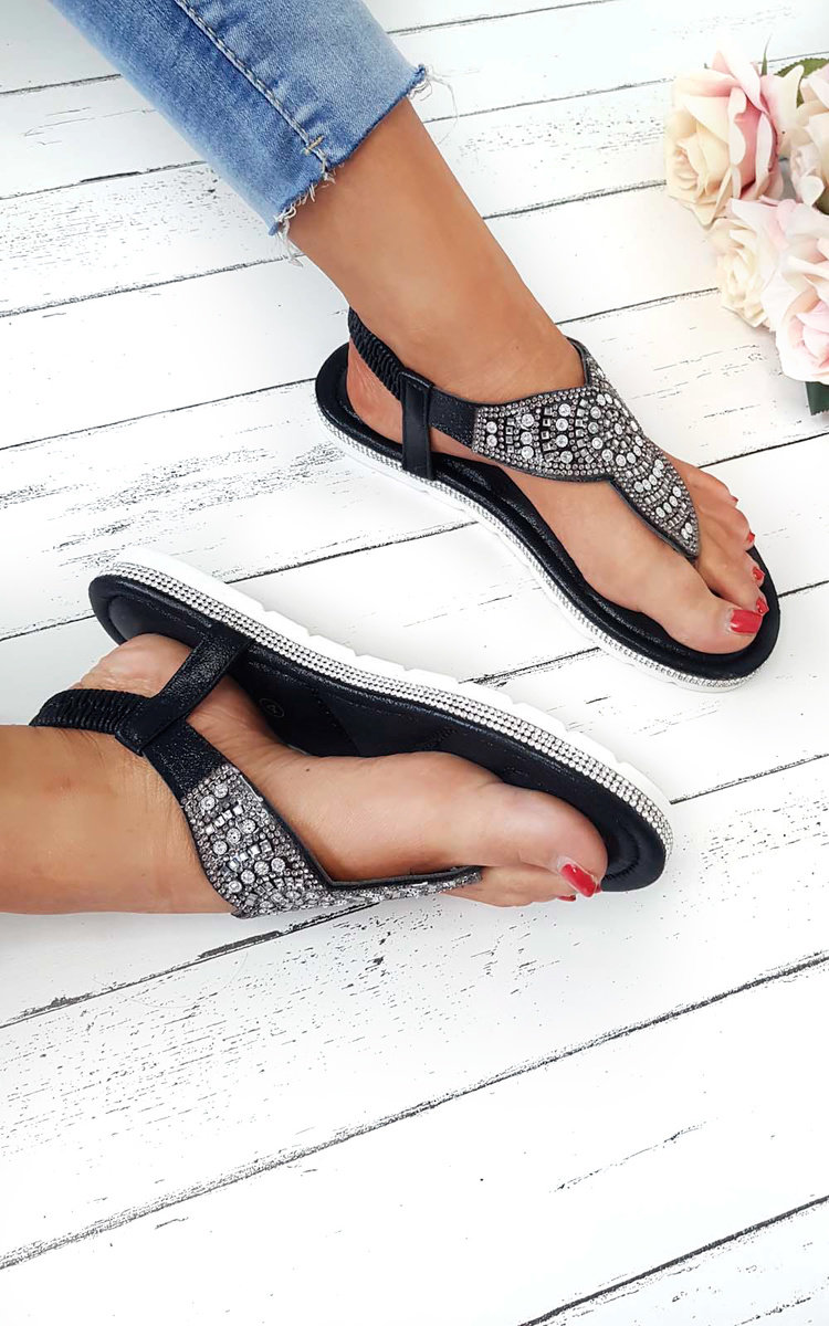 Zania Diamante Embellished T-Bar Sandals Thumbnail Zania Diamante Embellished T-Bar Sandals Thumbnail