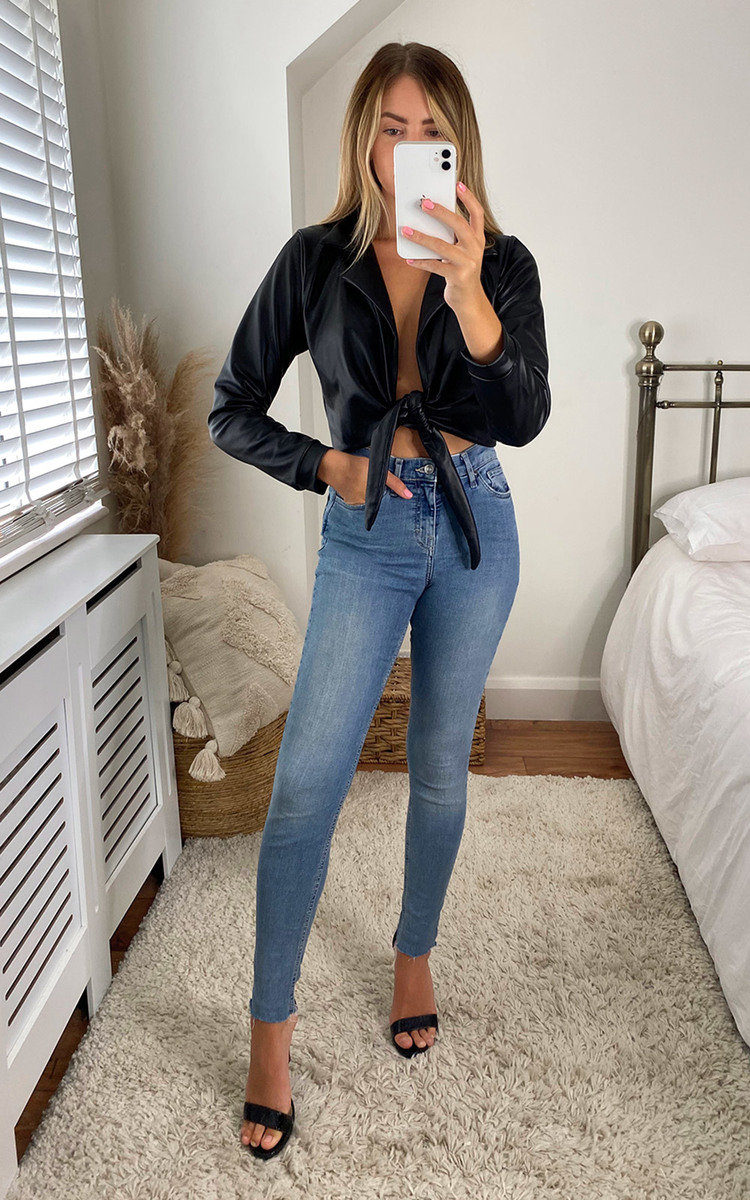 Zina Faux Leather Collared Tie Knot Crop Top Thumbnail Zina Faux Leather Collared Tie Knot Crop Top Thumbnail