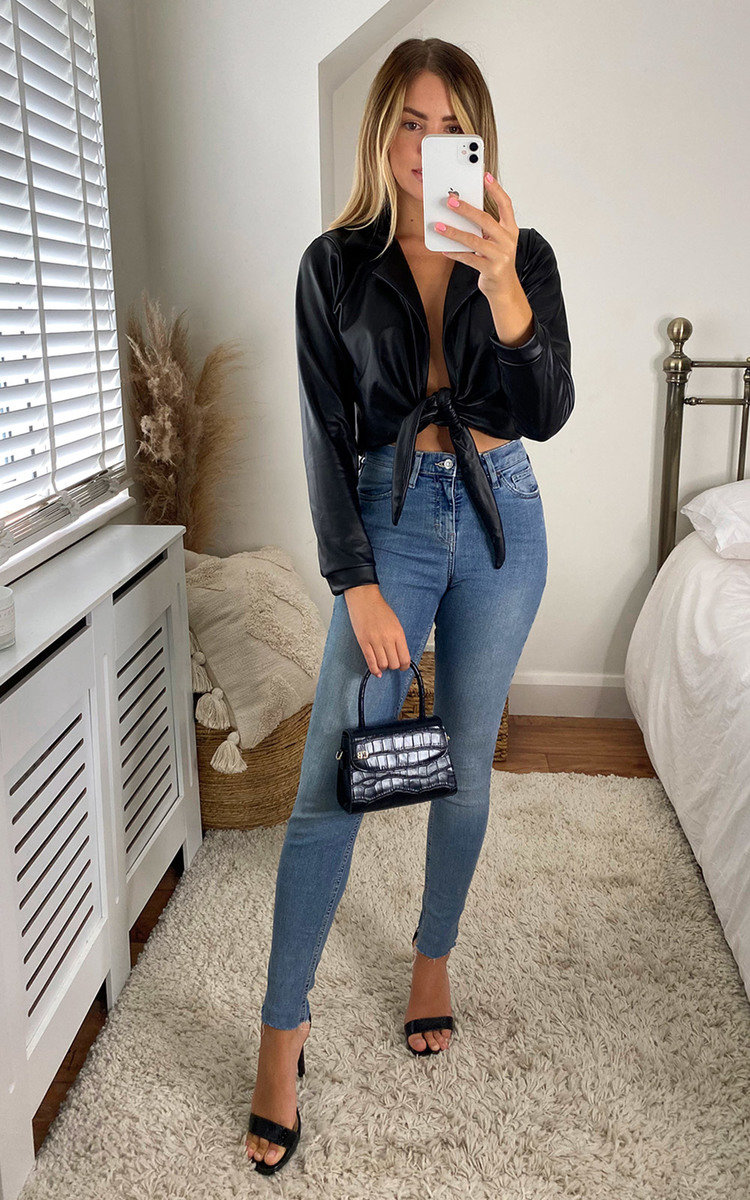 Zina Faux Leather Collared Tie Knot Crop Top Thumbnail Zina Faux Leather Collared Tie Knot Crop Top Thumbnail