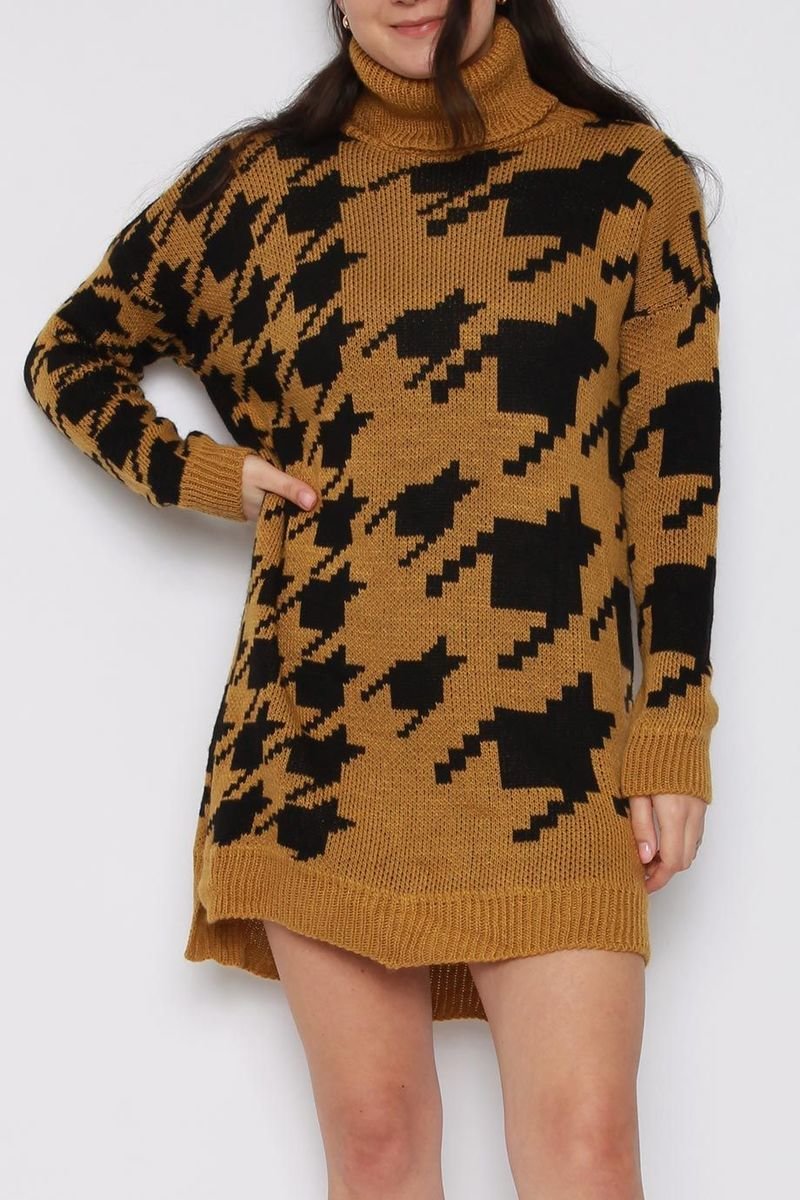 Luna Houndstooth Roll Neck Knitted Jumper Dress Thumbnail Luna Houndstooth Roll Neck Knitted Jumper Dress Thumbnail