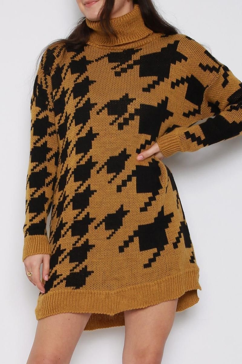 Luna Houndstooth Roll Neck Knitted Jumper Dress Luna Houndstooth Roll Neck Knitted Jumper Dress